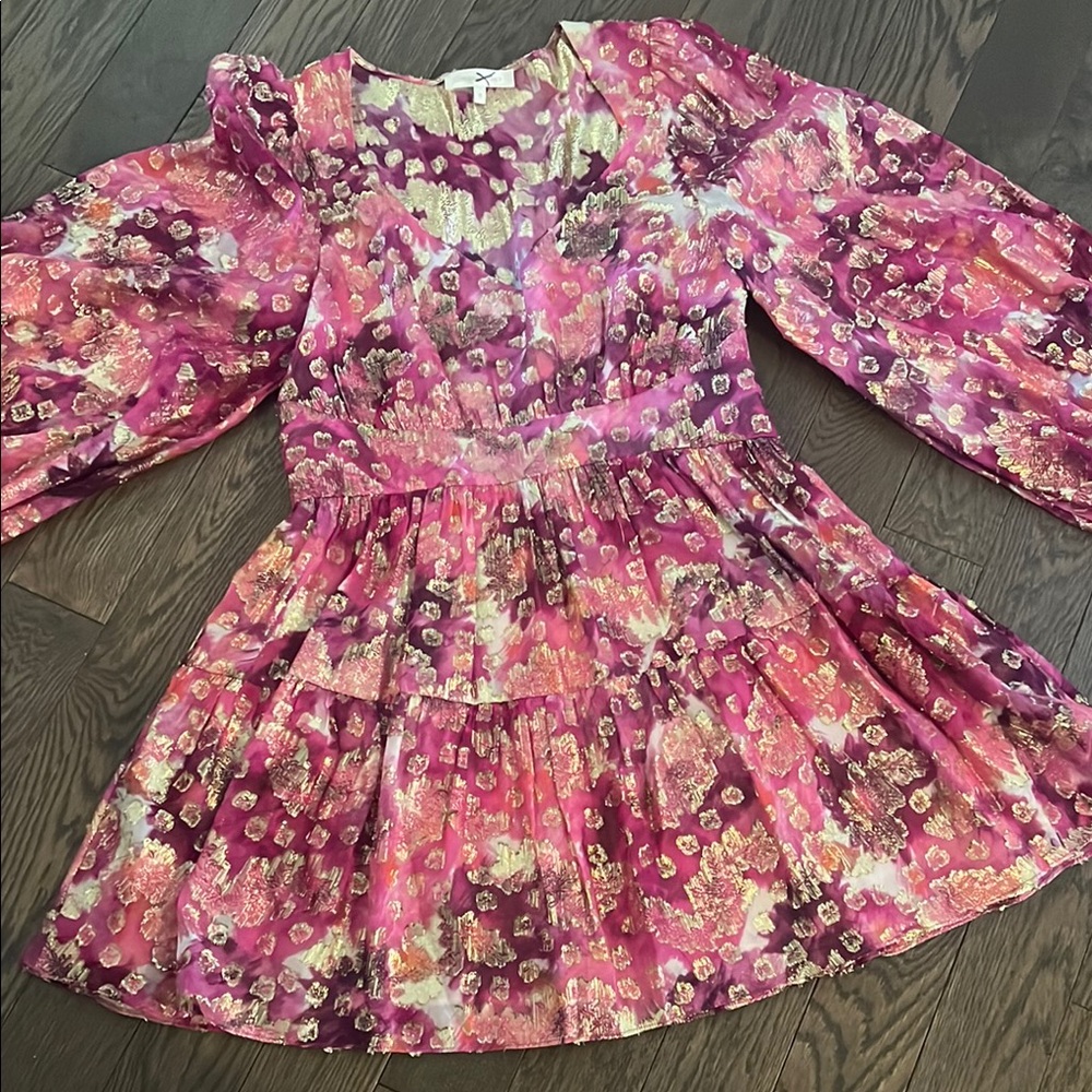 LOVESHACKFANCY
Willis V-Neck Metallic Mini Dress Pink Purple Gold Size 10